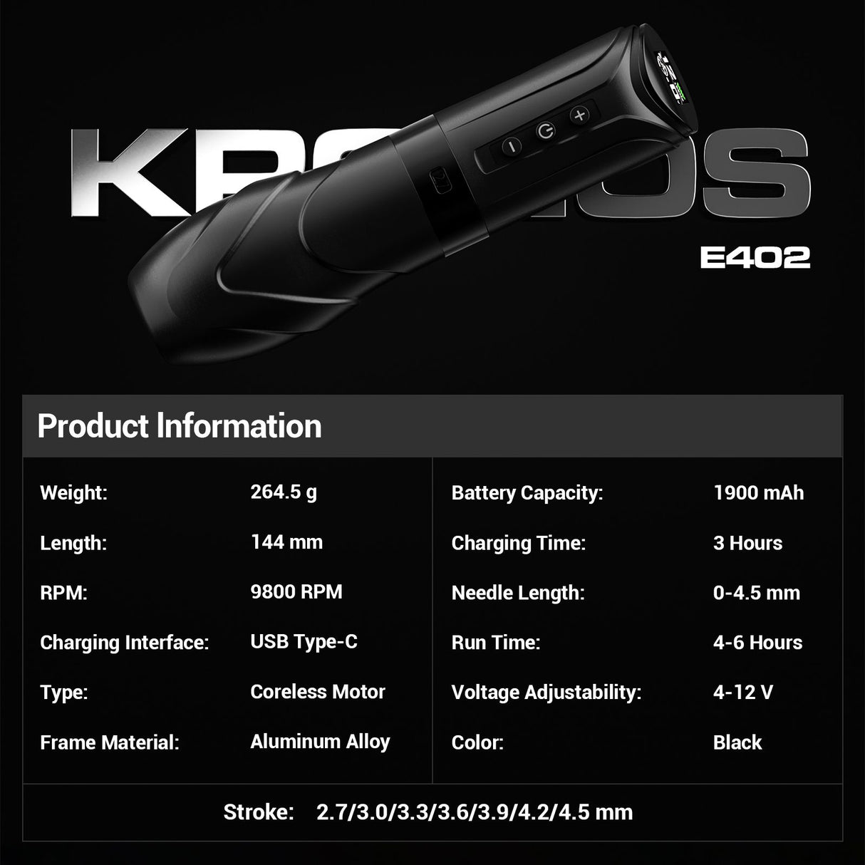 CNC KRONOS 2.7-4.5mm Adjustable Stroke Wireless Tattoo Machine Pen E402