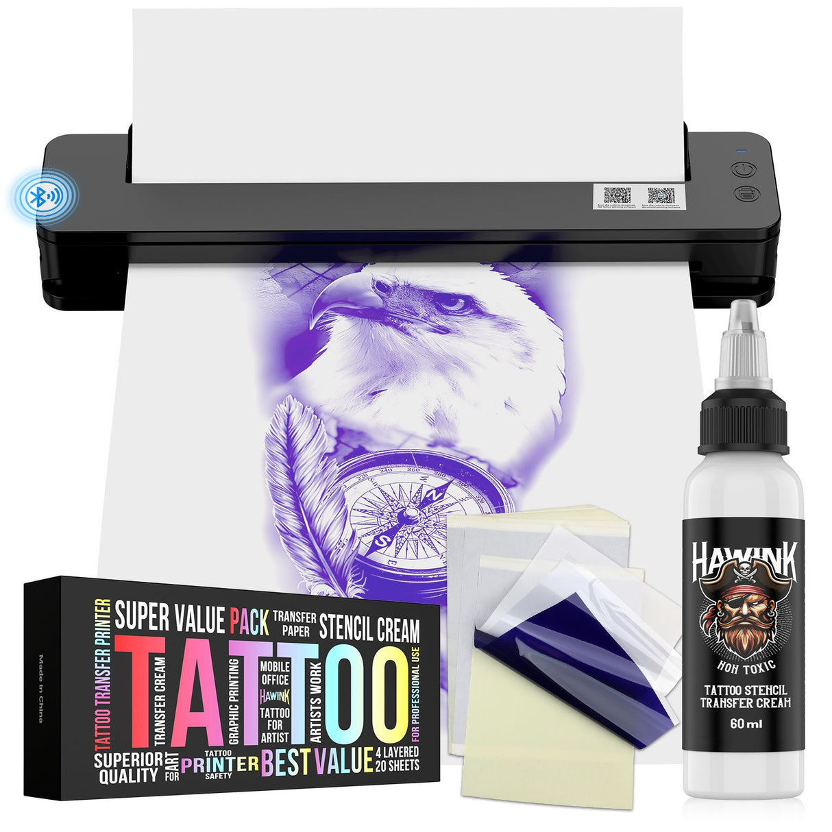 Hawink Bluetooth Tattoo Stencil Printer Kit with Transfer Cream Thermal Paper