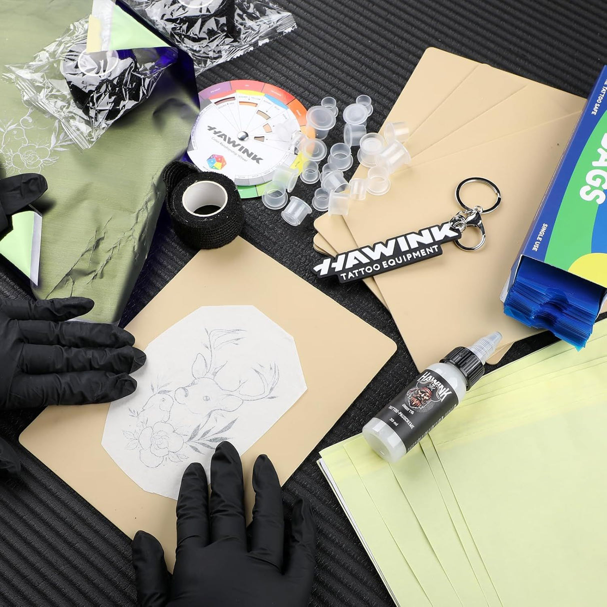 HAWINK All-in-One Tattoo Practice & Setup Kit – Includes Stencil Cream, Grip Covers, Skins, & Accessories