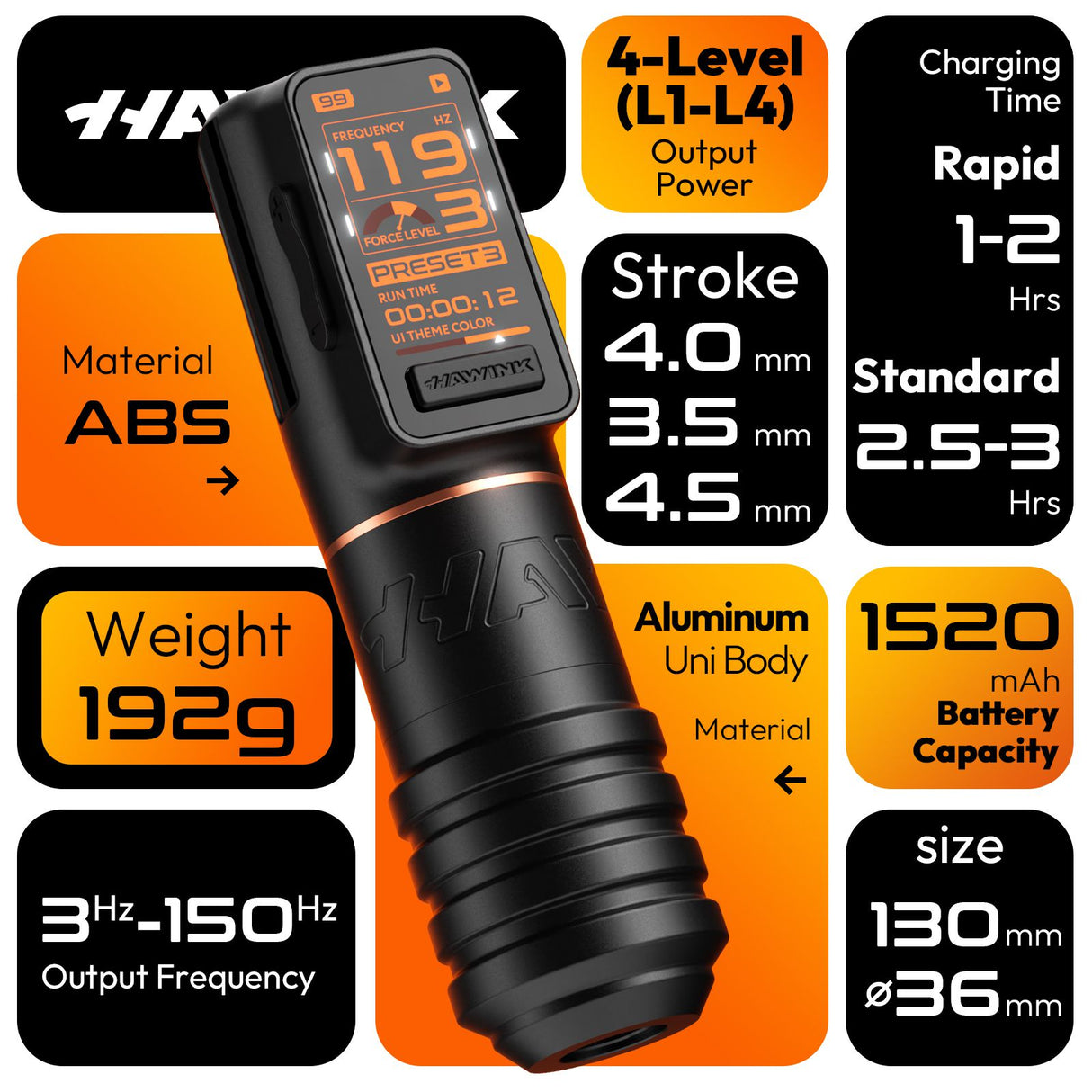 Hawink Wireless Tattoo Machine Brushless Motor 3.5-4.5mm Strokes Length | H1