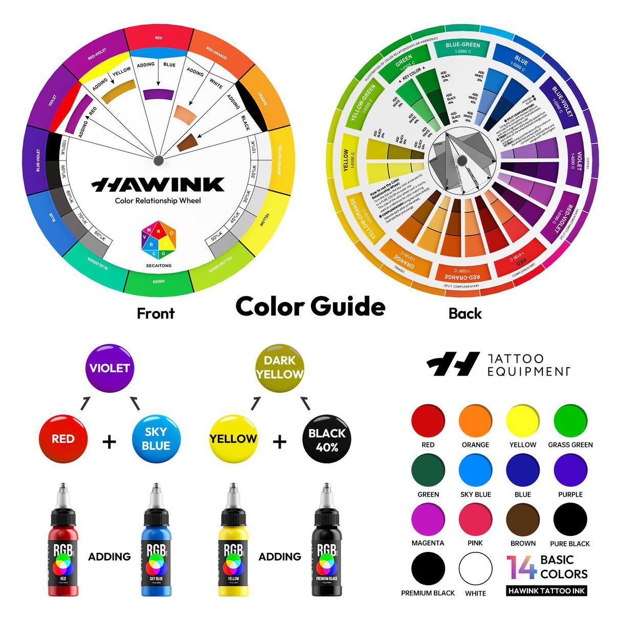 Hawink RGB Tattoo Ink Set 14 Colors and 2 Mixing Solution 1 oz(30ml)