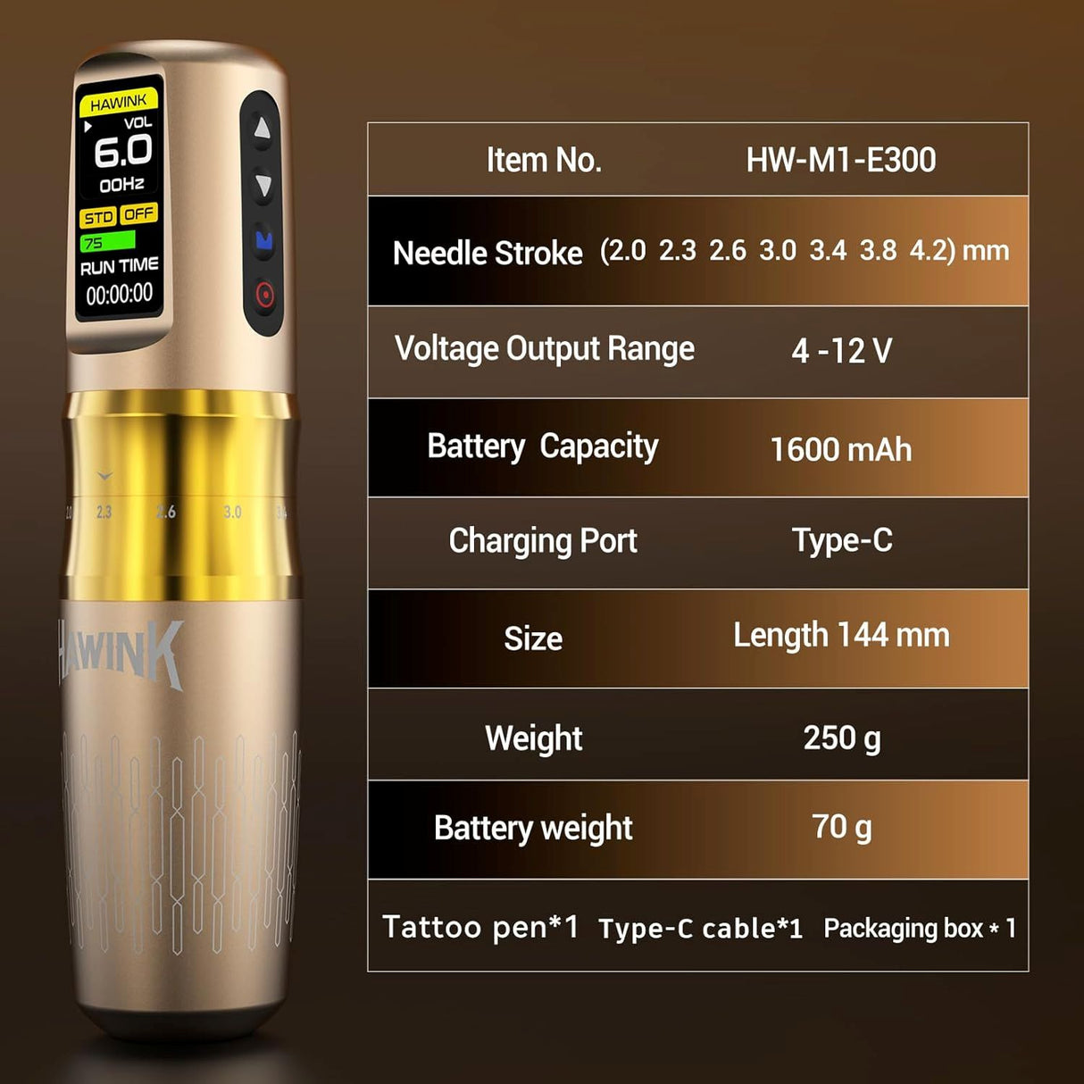 Hawink Wireless Tattoo Machine Kit Adjustable 2.0MM-4.2MM Strokes E300