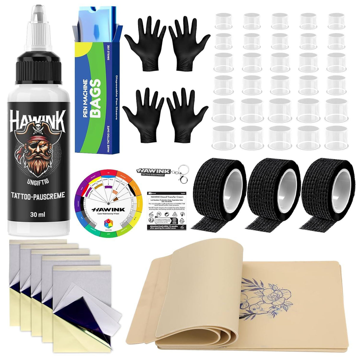 HAWINK All-in-One Tattoo Practice & Setup Kit – Includes Stencil Cream, Grip Covers, Skins, & Accessories