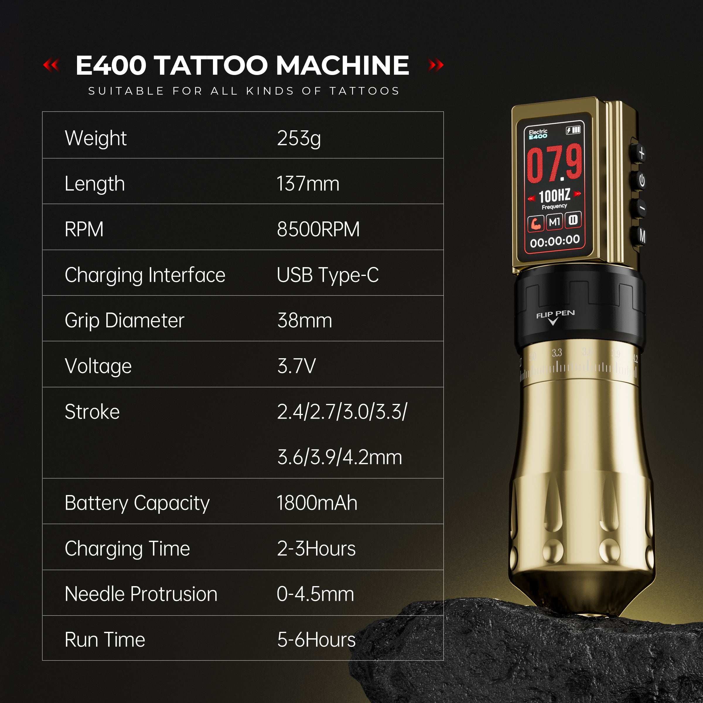 タトゥーマシン　tattoo マシン tattoomachine CNC Adjustable Stroke 2.4-4.2mm Wireless Tattoo Machine Pen E400