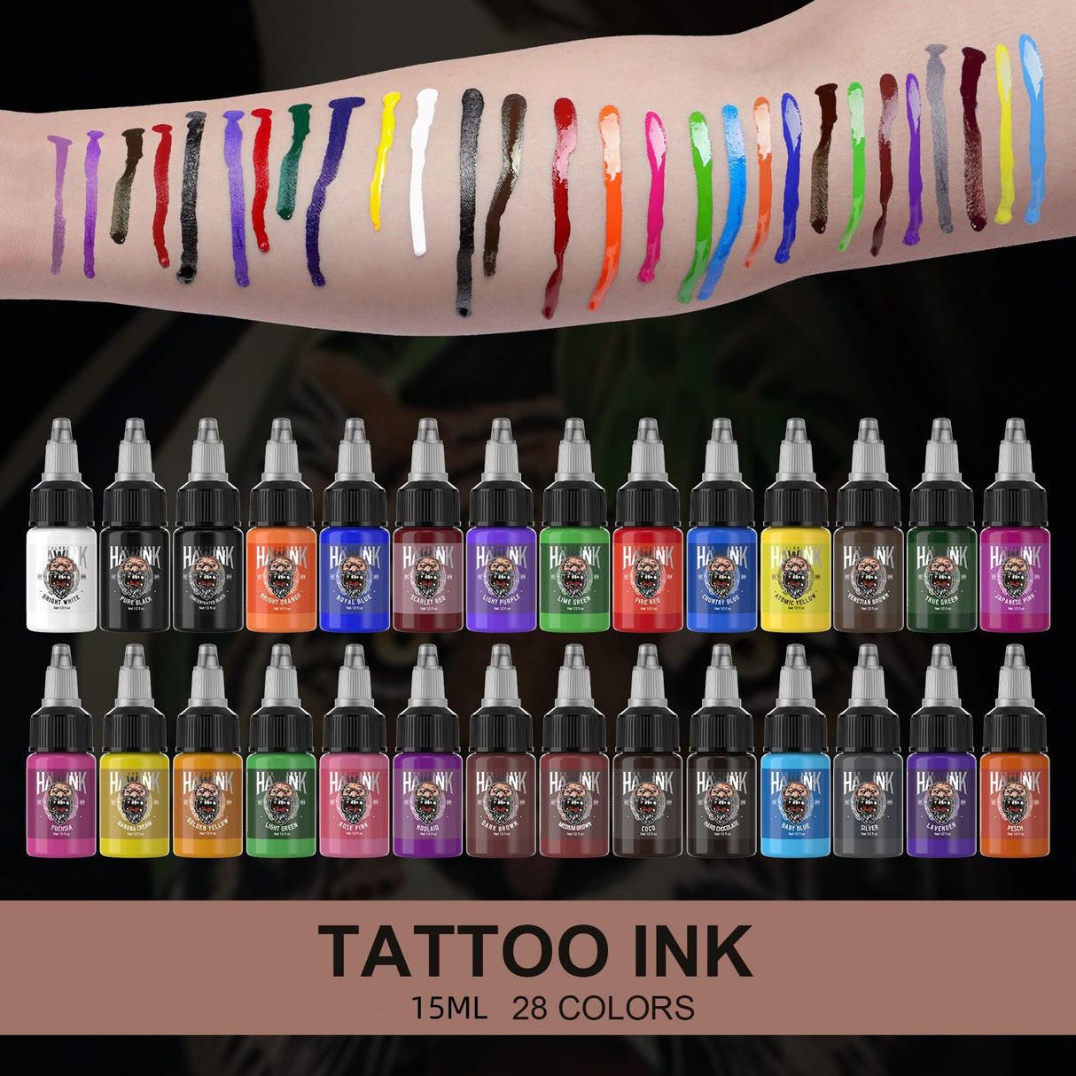 HAWINK 28 Colors Tattoo Ink Set Pigment Kit 1/2 oz (15ml)