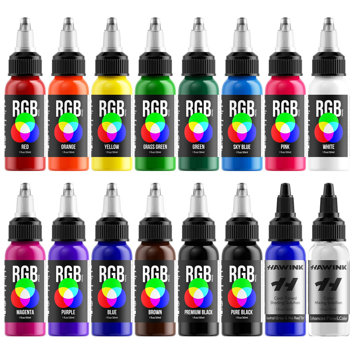 Hawink RGB Tattoo Ink Set 14 Colors and 2 Mixing Solution 1 oz(30ml)