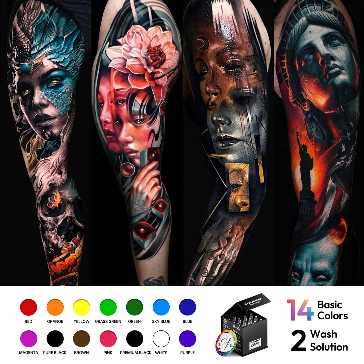 Hawink RGB Tattoo Ink Set 14 Colors and 2 Mixing Solution 1 oz(30ml)