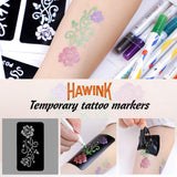 HAWINK temporary tattoo marker set with 10 dual-tip colored pens and various stencil patterns for skin art