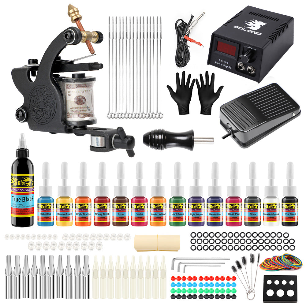Complete Tattoo Kit 1 Pro Machine 14 Inks Power Supply Foot Pedal - Hawink
