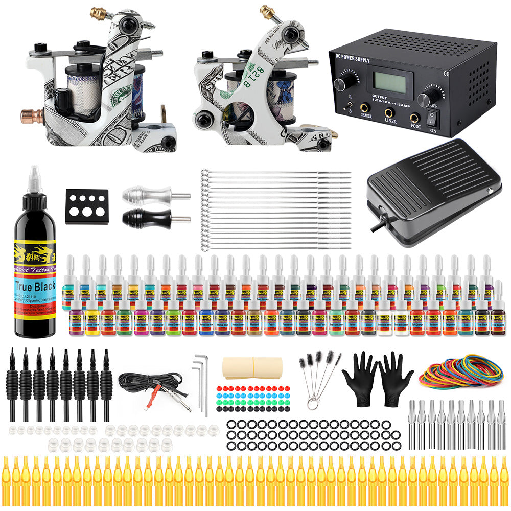 Tattoo Supplies Kit - Complete Tattoo Machine Kit Including 2 Pro Coils  Tattoo Gun Needles Tips Grips Foot Pedal Power Supply Tattoo Accessories  for